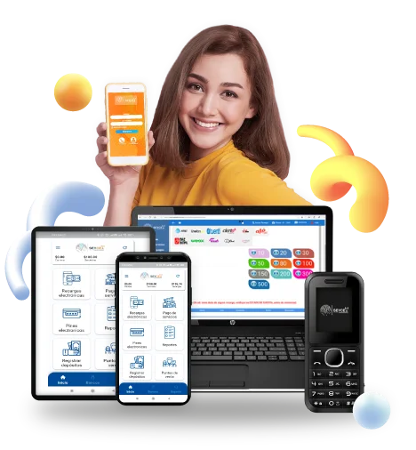 mujer con telefono en mano y alrededor tablet, computadora haciendo recargas, app para vender saldo, app para vender recargas, app para vender recargas telefonicas, app para vender recargas electronicas, app para vender tiempo aire, app para cobrar servicios, app para cobrar pagos de servicios, app para cobrar recibos de servicios, app para vender pines, app para vender pines electronicos, vender recargas sin internet